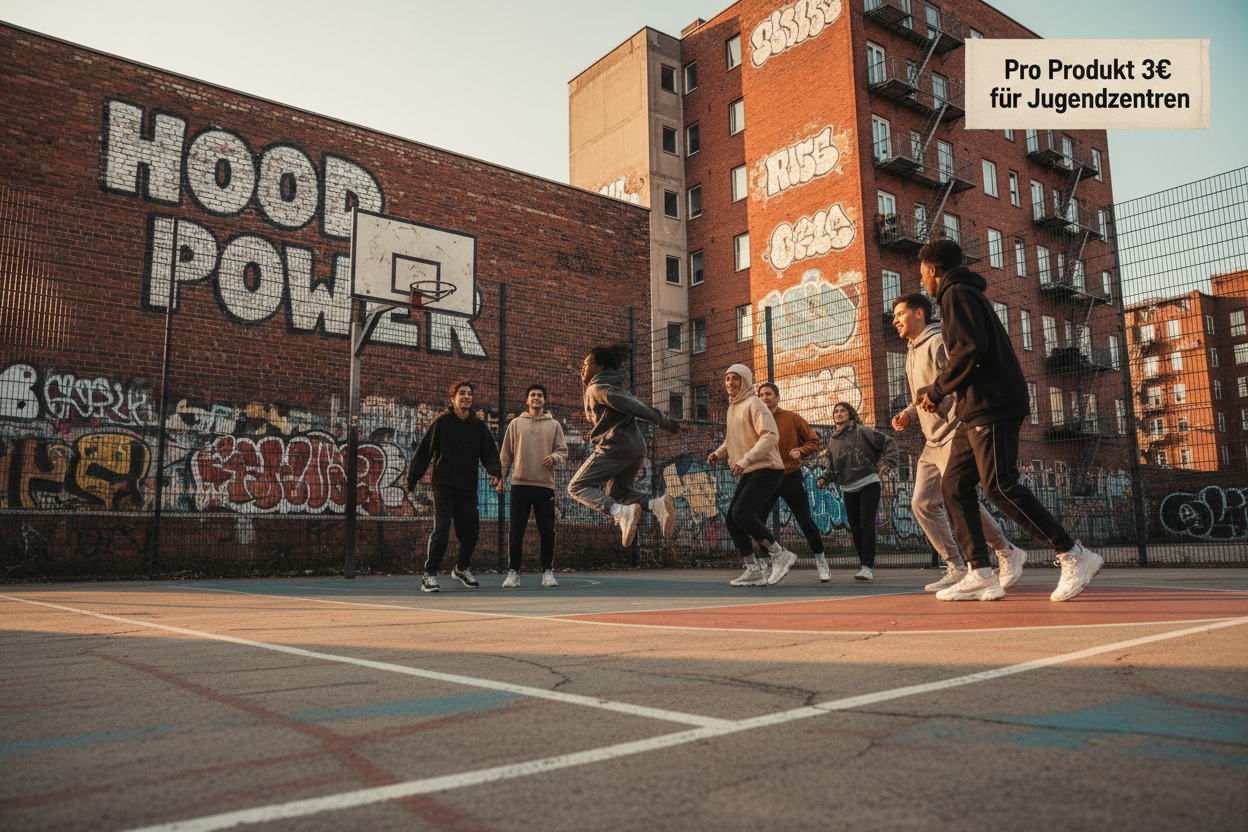Hood Power -  als Schrift hinzukommt dass wir als Marke wie du auf der Webseite sehen kannst Klamotten verkaufen d.h. gestalte mir ein Bild mit der Schrift die ich erwähnt habe und einem Basketballplatz und einem kleinen Banner oben rechts das pro Produkt drei Euro unterstützen wir Jugendzentren