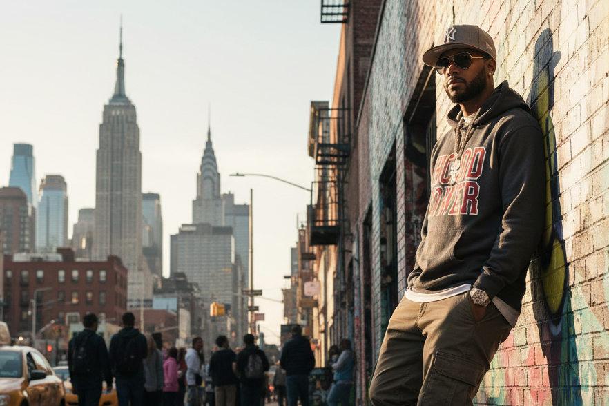 Ich möchte das du mir einen Hip-Hop Rapper der gerade in New York Chillt mit einem Hoody den er trägt mit der Schrift Hood Power